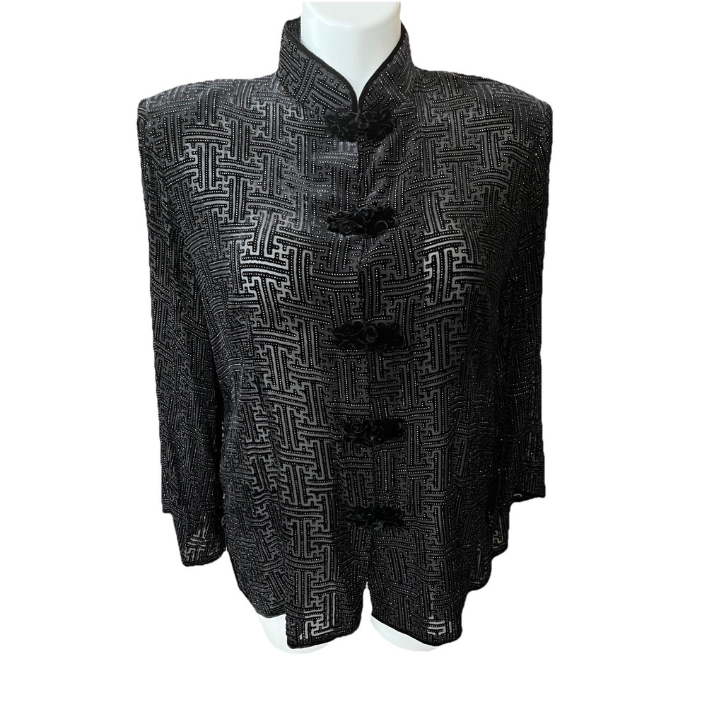 Vtg Silk Blend Burnout Velvet Asian Inspired Mock Neck Top Sz 2XL Toggle Closure